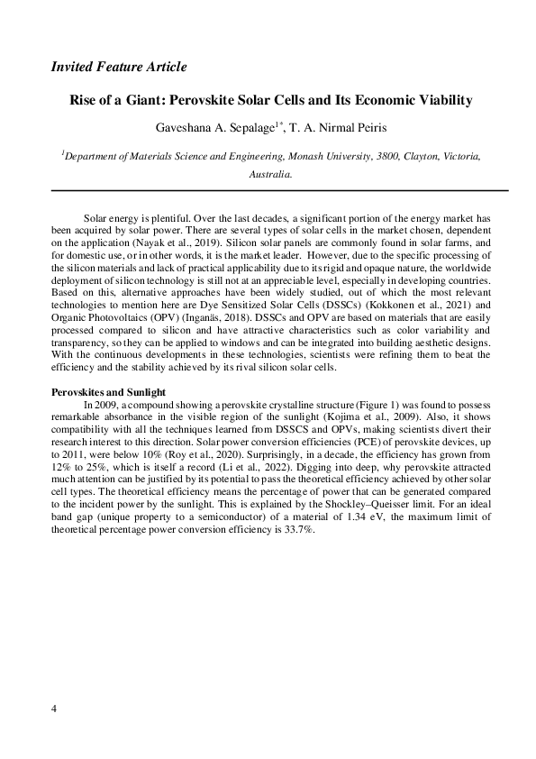 (PDF) Rise of a Giant: Perovskite Solar Cells and Its Economic Viability