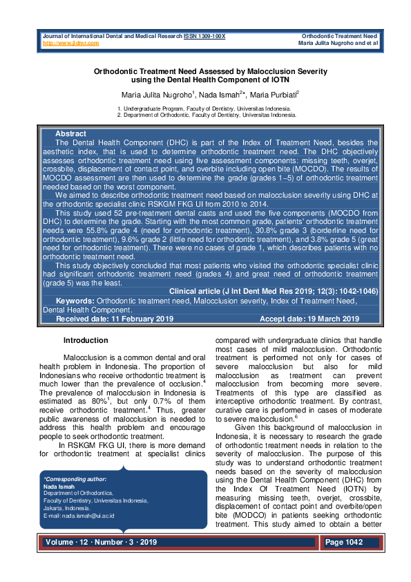 (PDF) Orthodontic treatment need assessed by malocclusion severity ...