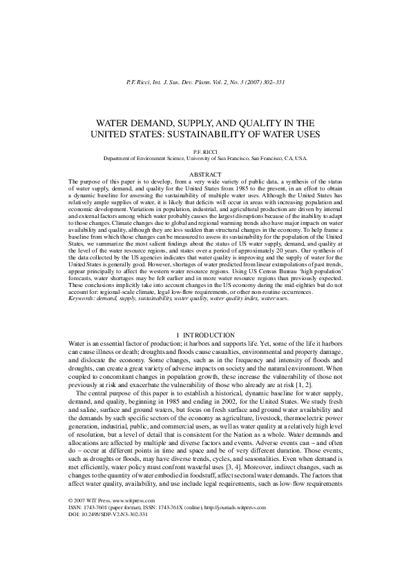 (PDF) Water demand, supply, and quality in the United States ...