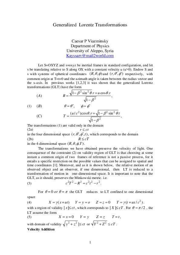 (PDF) Generalized Lorentz Transformations