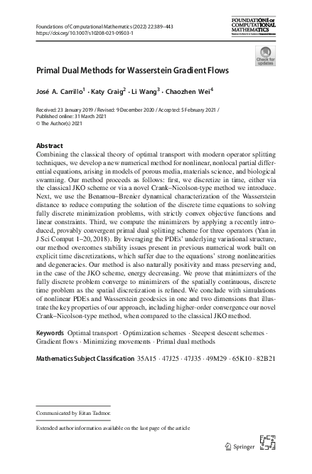 (PDF) Primal Dual Methods for Wasserstein Gradient Flows