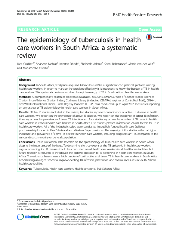 (PDF) The epidemiology of tuberculosis in health care workers in South ...