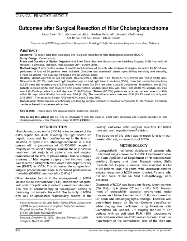 (PDF) Outcomes after Surgical Resection of Hilar Cholangiocarcinoma