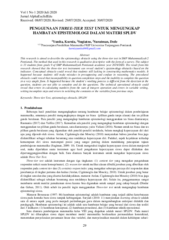 (PDF) Penggunaan Three-Tier Test Untuk Mengungkap Hambatan Epistemologi ...