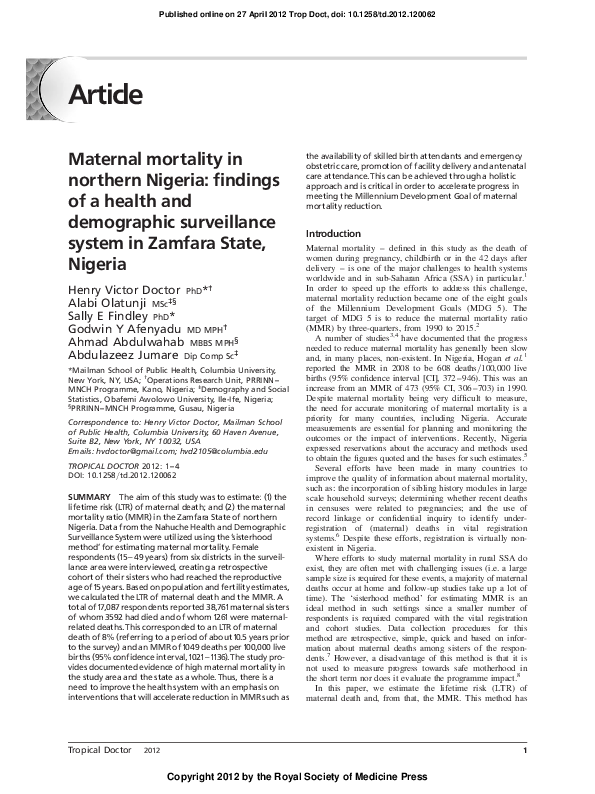 (PDF) Maternal mortality in northern Nigeria: findings of a health and ...