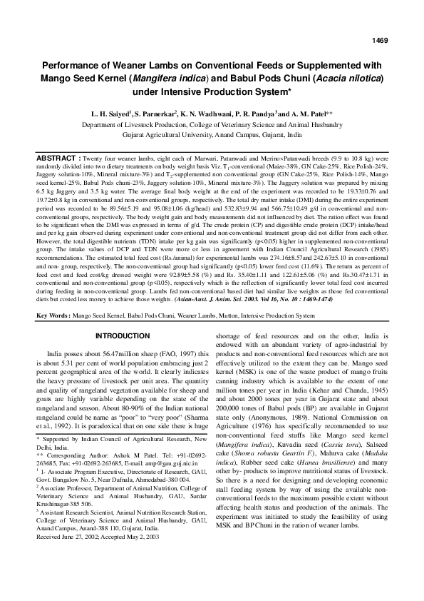 (PDF) Performance of Weaner Lambs on Conventional Feeds or Supplemented ...