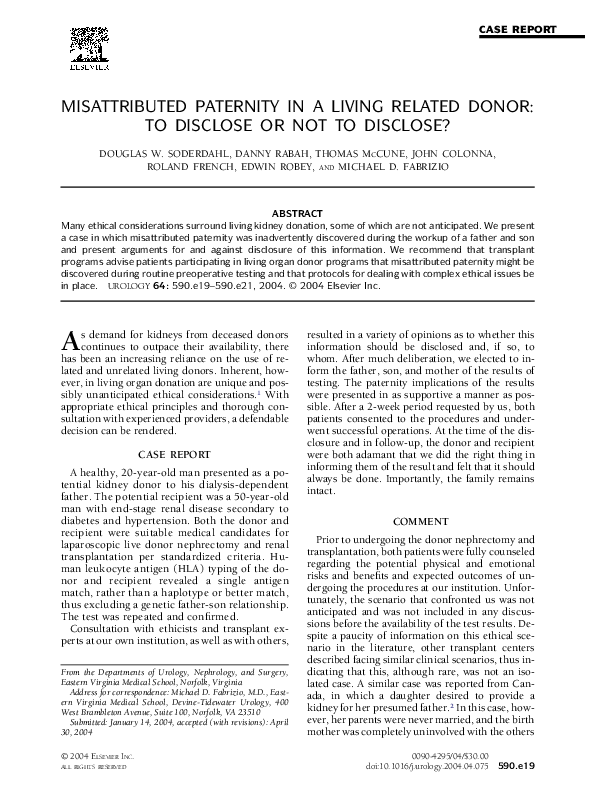 (PDF) Misattributed paternity in a living related donor: To disclose or ...