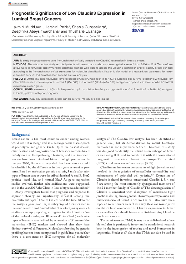 (PDF) Prognostic Significance of Low Claudin3 Expression in Luminal ...