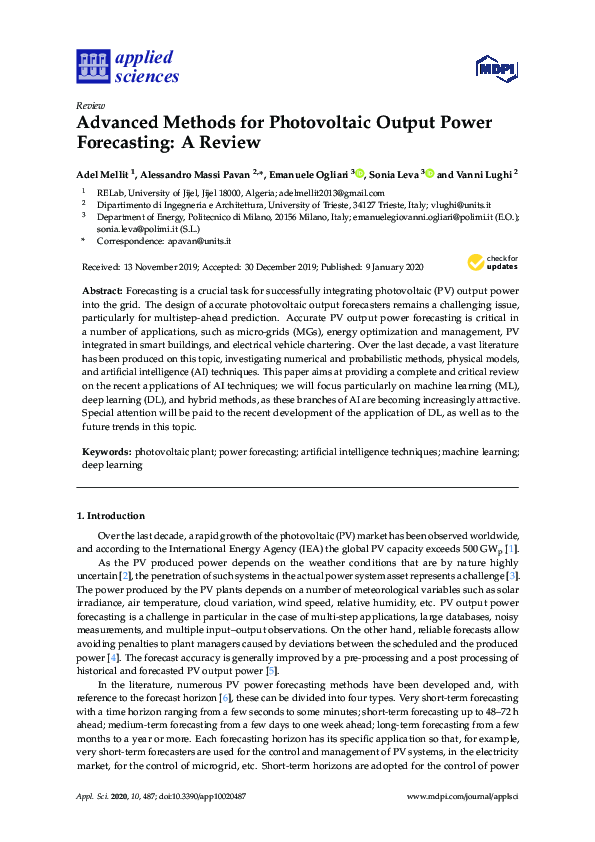 (PDF) Advanced Methods for Photovoltaic Output Power Forecasting: A Review