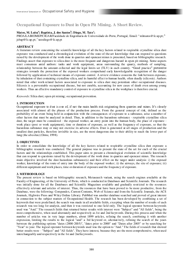 (PDF) Occupational Exposure to Dust in Open Pit Mining. A Short Review