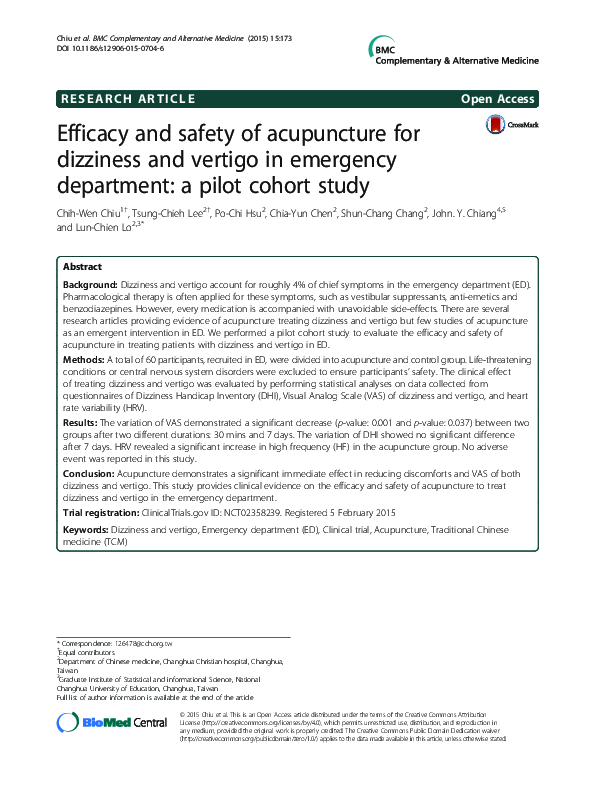 (PDF) Efficacy and safety of acupuncture for dizziness and vertigo in ...