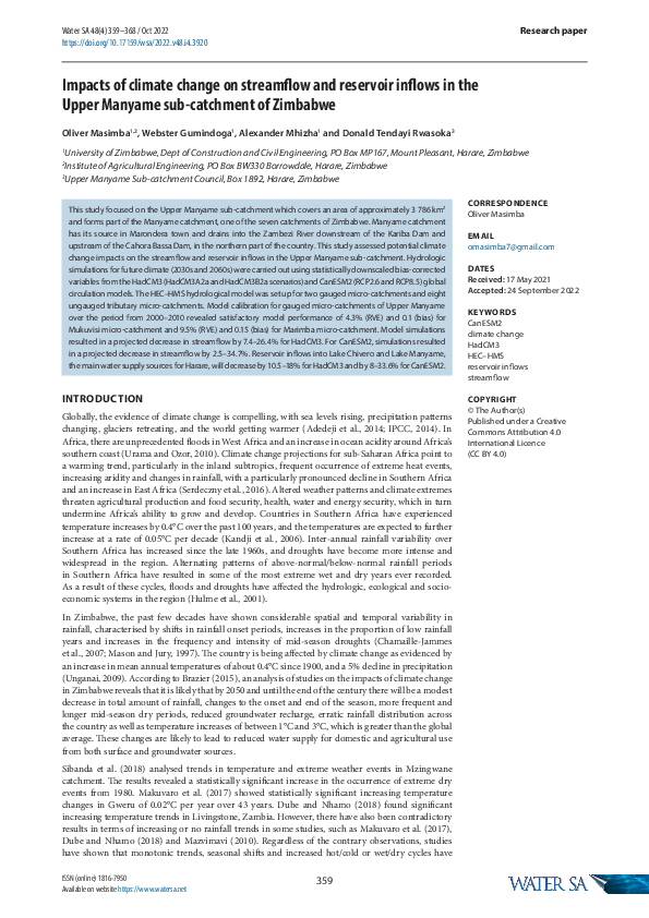 (PDF) Impacts of climate change on streamflow and reservoir inflows in ...