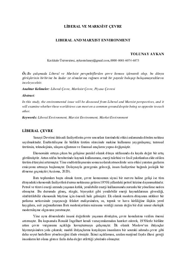 (PDF) LİBERAL VE MARKSİST ÇEVRE - LIBERAL AND MARXIST ENVIRONMENT