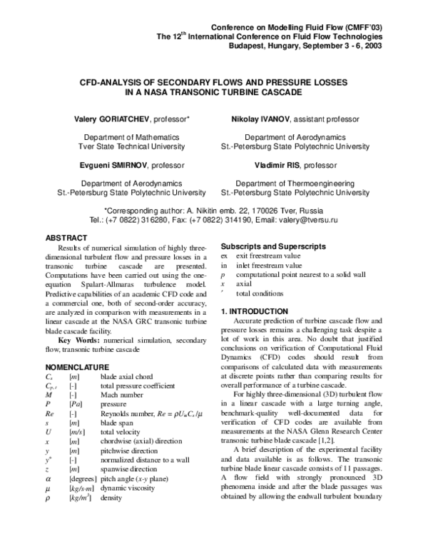 (PDF) CFD-analysis of Secondary Flows and Pressure Losses in a NASA ...