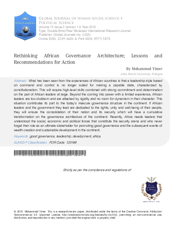 (PDF) Rethinking African Governance Architecture Lessons and ...