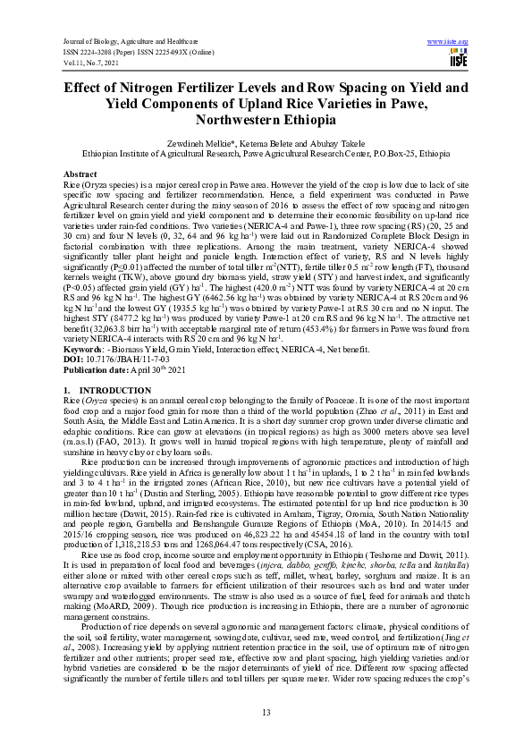 (PDF) Effect of Nitrogen Fertilizer Levels and Row Spacing on Yield and ...