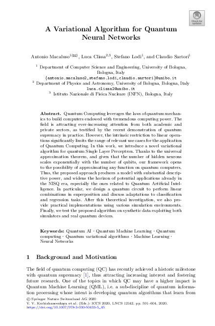 (PDF) A Variational Algorithm for Quantum Neural Networks