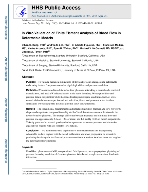 (PDF) In Vitro Validation of Finite Element Analysis of Blood Flow in ...