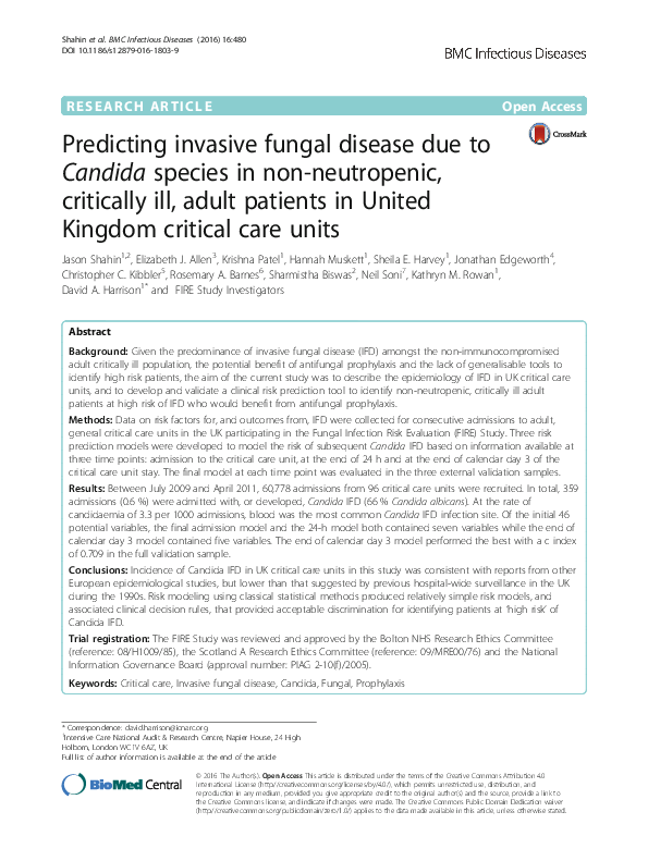 (PDF) Predicting invasive fungal disease due to Candida species in non ...