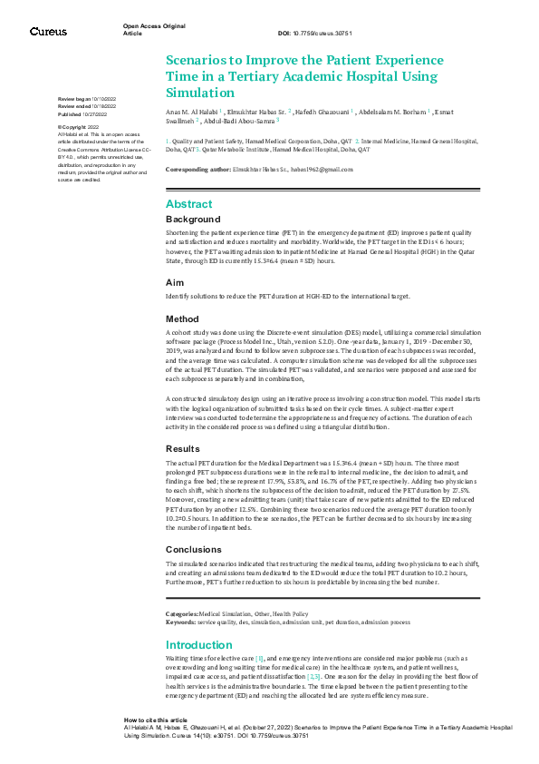 (PDF) Scenarios to Improve the Patient Experience Time in a Tertiary ...