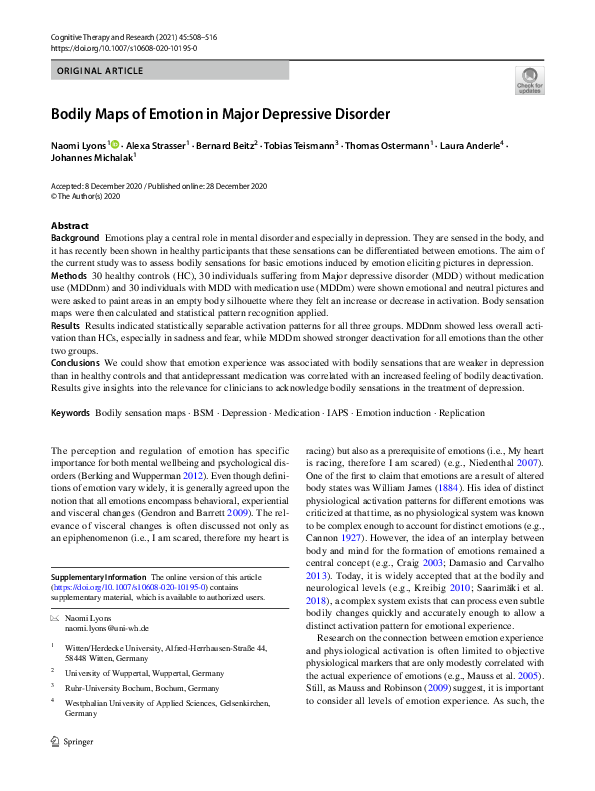 (PDF) Bodily Maps of Emotion in Major Depressive Disorder