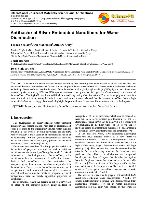 (PDF) Antibacterial Silver Embedded Nanofibers for Water Disinfection