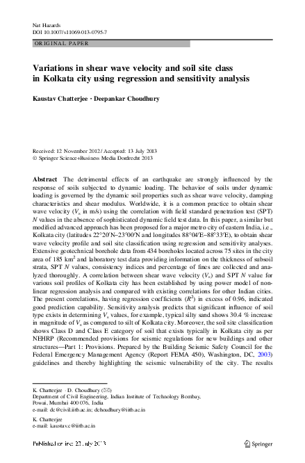 (PDF) Variations in shear wave velocity and soil site class in Kolkata ...