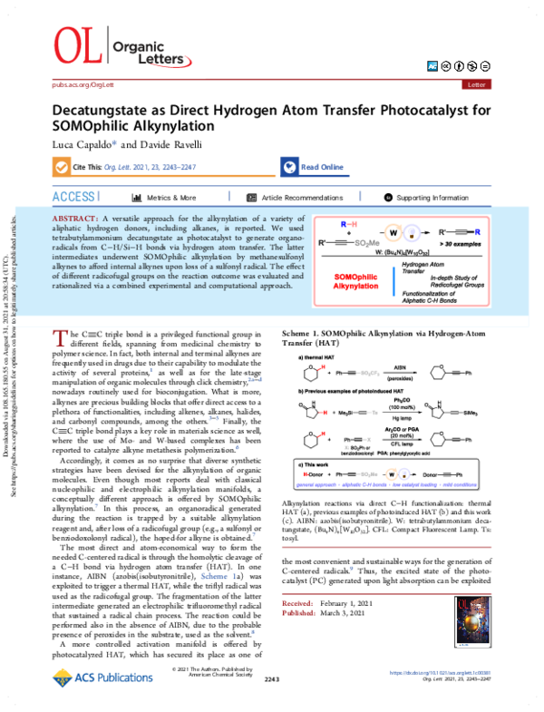 (PDF) Decatungstate as Direct Hydrogen Atom Transfer Photocatalyst for ...
