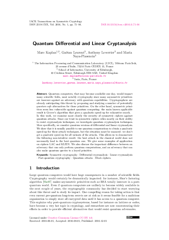 (PDF) Quantum Differential and Linear Cryptanalysis