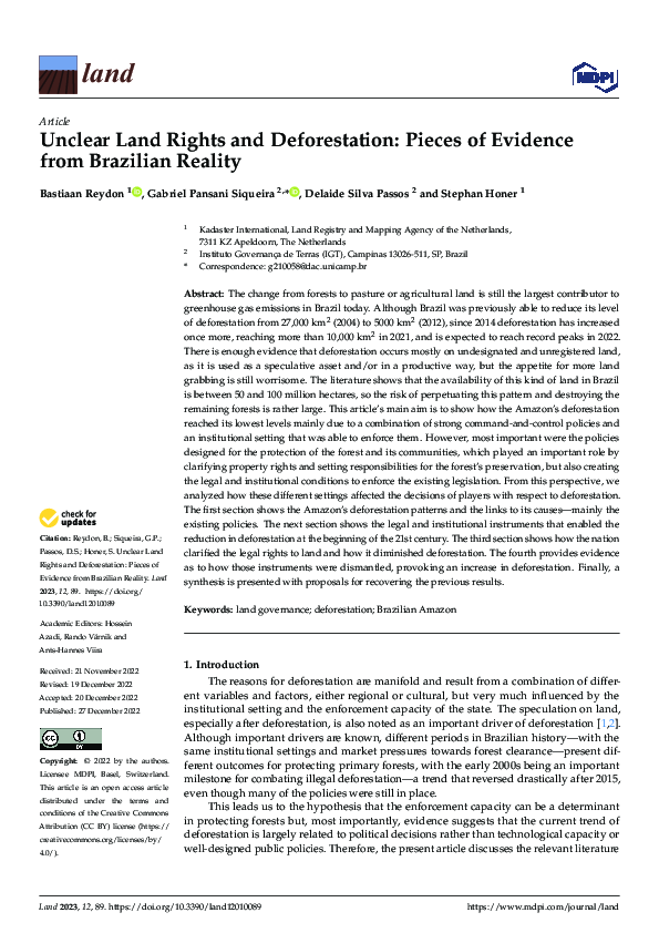 (PDF) Unclear Land Rights and Deforestation: Pieces of Evidence from ...