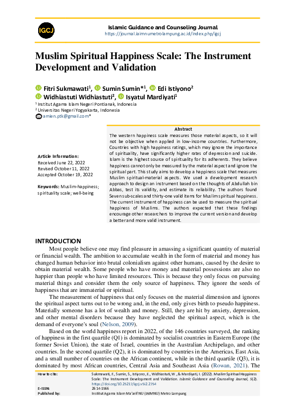 (PDF) Muslim Spiritual Happiness Scale: The Instrument Development and ...