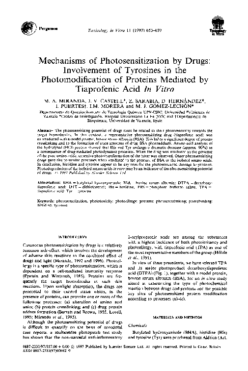 Mechanisms of photosensitization by drugs: Involvement of tyrosines in the photomodification of proteins mediated by tiaprofenic acid in vitro