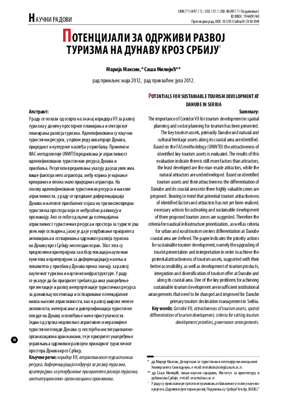 (PDF) Potentials for sustainable tourism development at Danube in Serbia