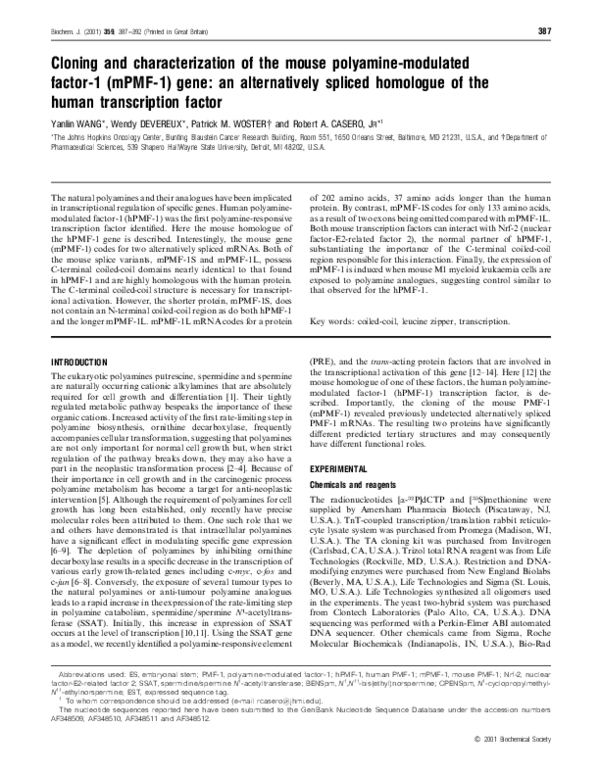 (PDF) Cloning and characterization of the mouse polyamine ...