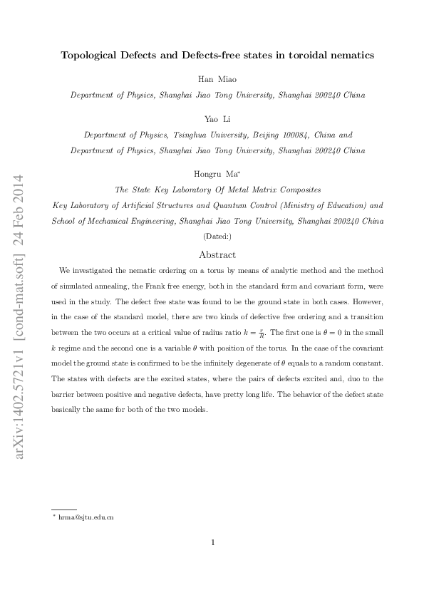 (PDF) Topological Defects and Defects-free states in toroidal nematics