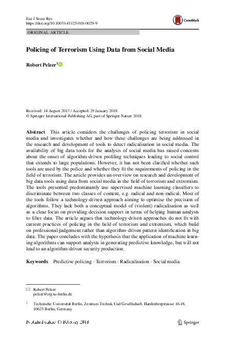 (PDF) Policing of Terrorism Using Data from Social Media