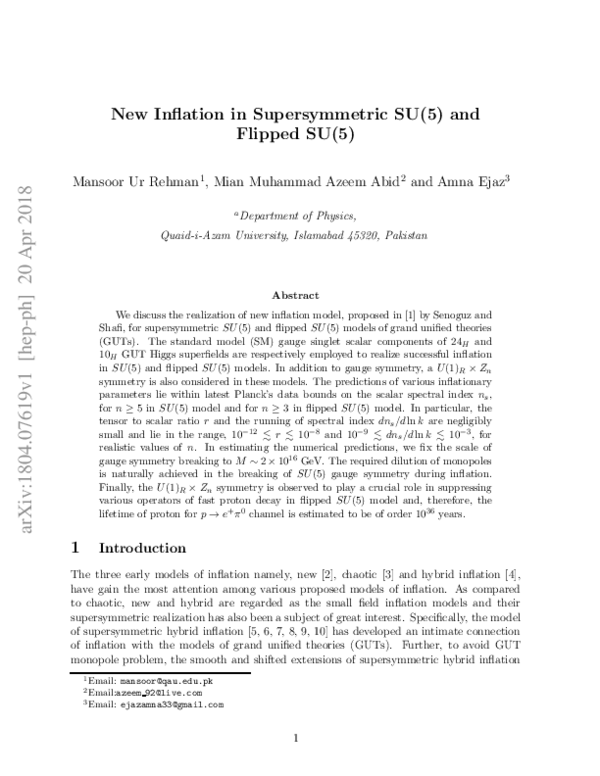 (PDF) New inflation in supersymmetric SU(5) and flipped SU(5) GUT models
