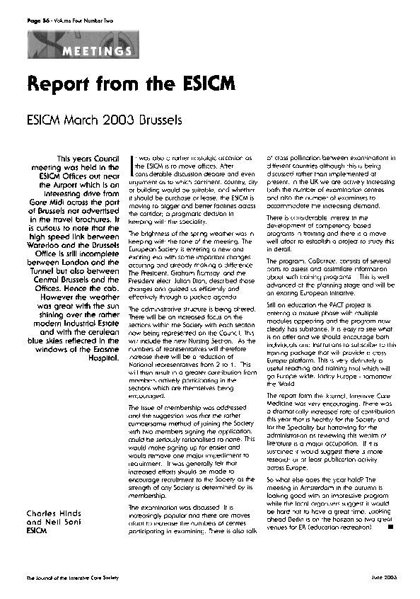 (PDF) Report from the ESICM ESICM March 2003 Brussels