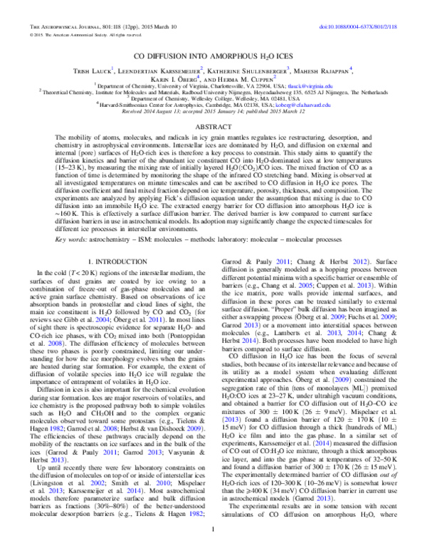 (PDF) Co Diffusion Into Amorphous H2O Ices