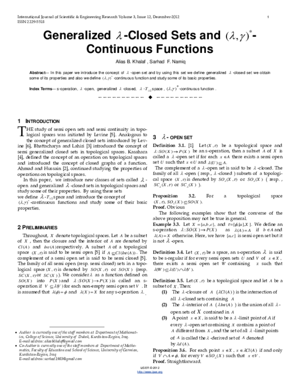 (PDF) Generalized ʎ-Closed Sets and (ʎ-ʏ)*-Continuous Functions
