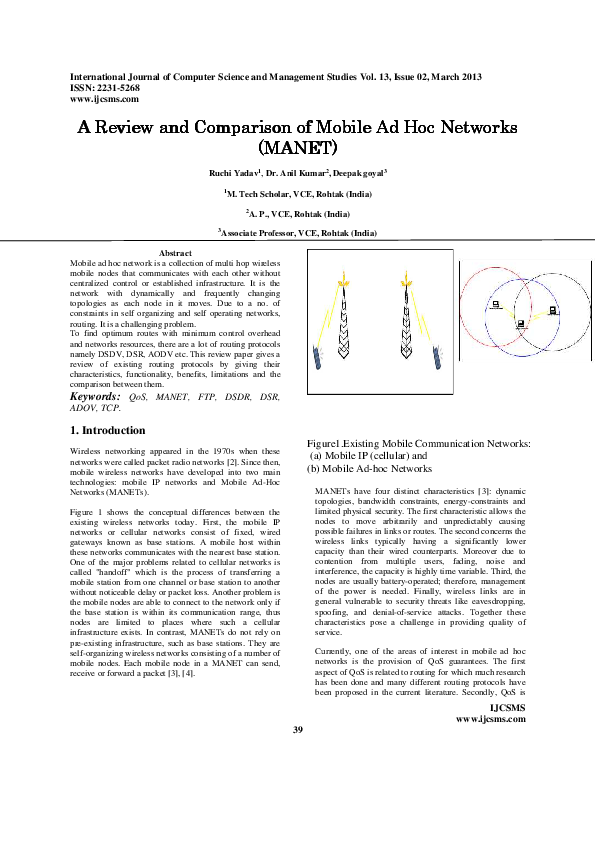(PDF) A Review and Comparison of Mobile Ad Hoc Networks