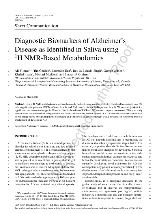 (PDF) Diagnostic Biomarkers of Alzheimer's Disease as Identified in ...
