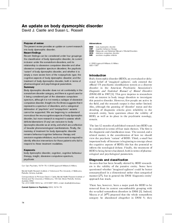 An update on body dysmorphic disorder