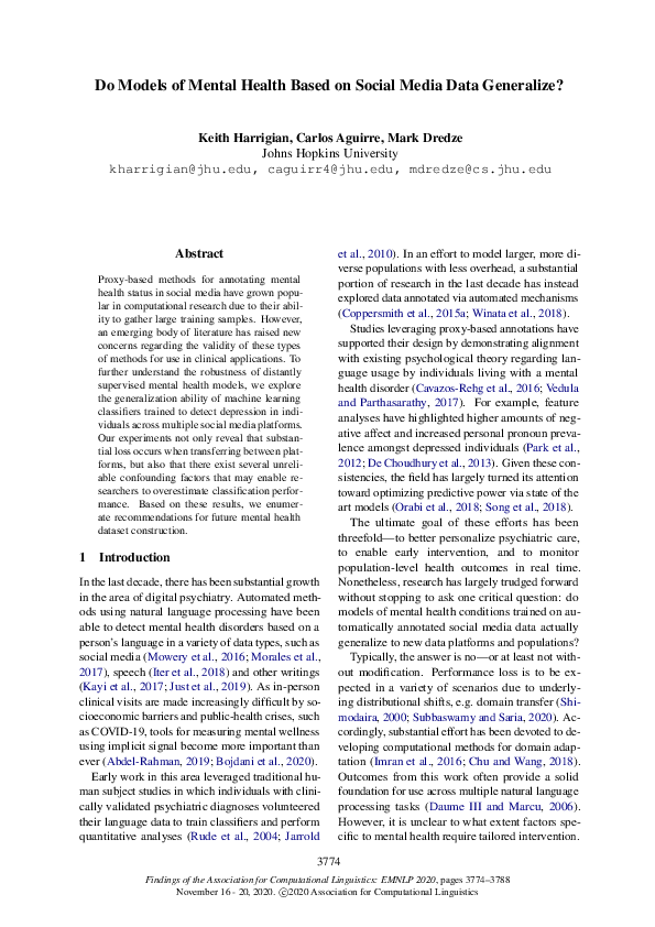 (PDF) Do Models of Mental Health Based on Social Media Data Generalize?