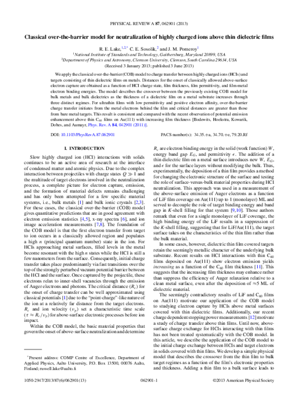 (PDF) Classical over-the-barrier model for neutralization of highly ...