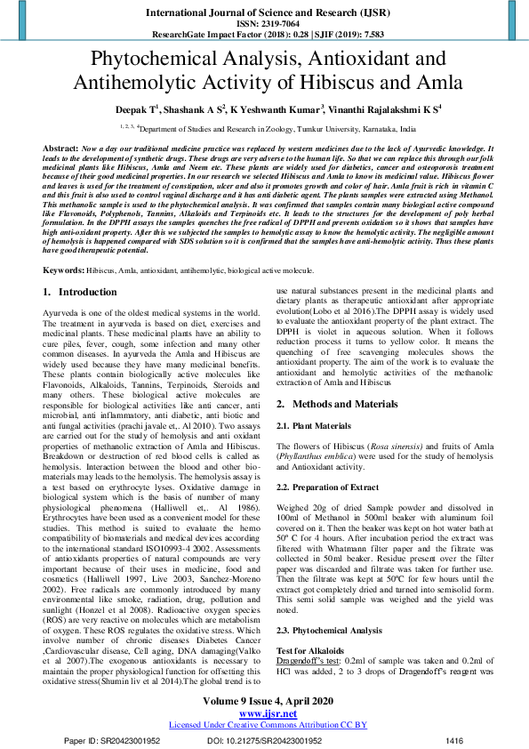 (PDF) Phytochemical Analysis, Antioxidant and Antihemolytic Activity of ...