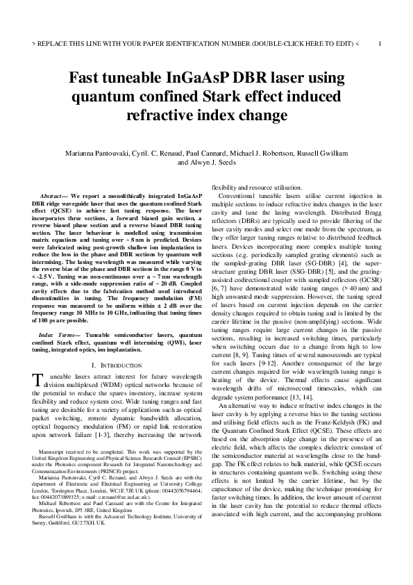 (PDF) Fast Tuneable InGaAsP DBR Laser Using QuantumConfined Stark