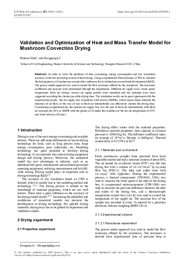 (PDF) Validation and Optimization of Heat and Mass Transfer Model for ...
