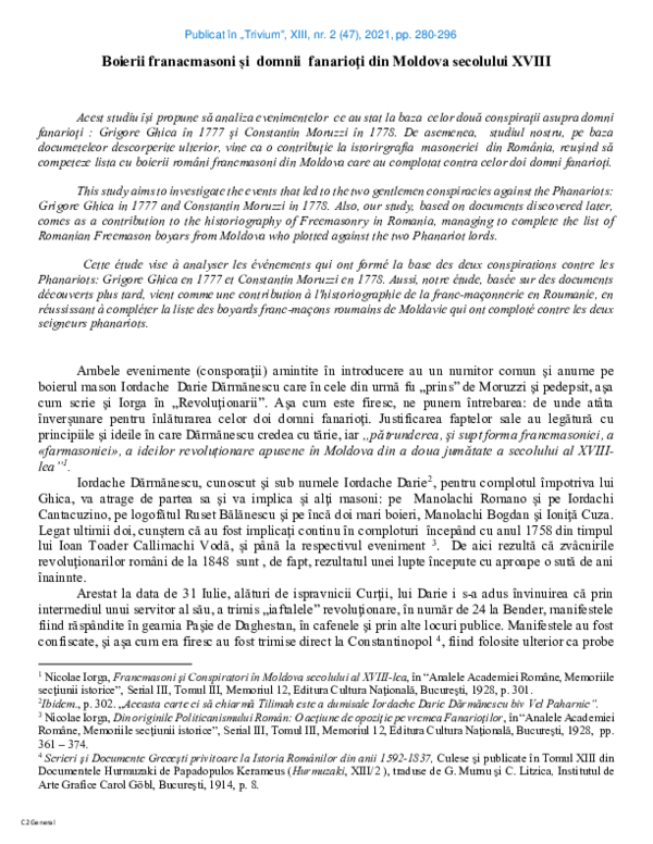 (PDF) Boierii franacmasoni și domnii fanarioţi din Moldova secolului XVIII