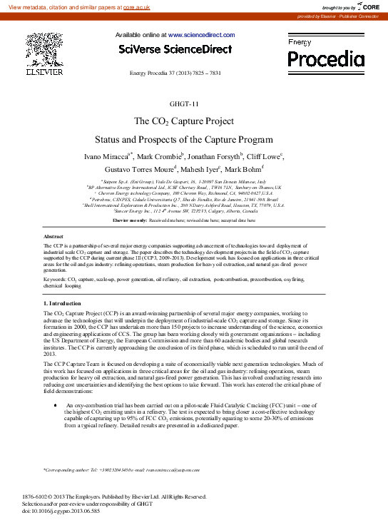 (PDF) The CO2 Capture Project Status and Prospects of the Capture ...